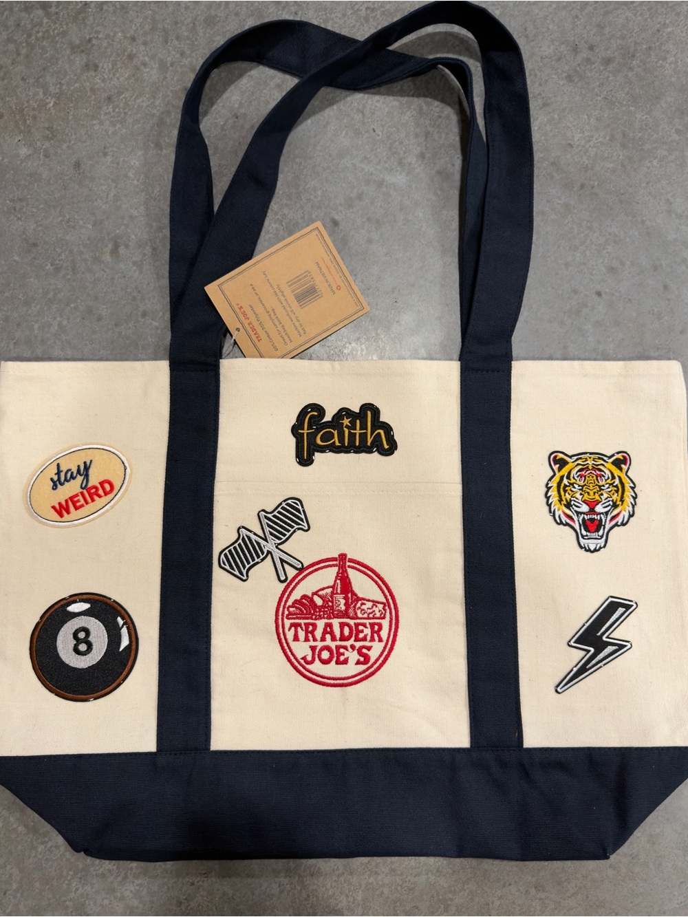 One of a Kind Trader Joe’s Canvas Tote Bag NWT Handmade Custom Patch Design